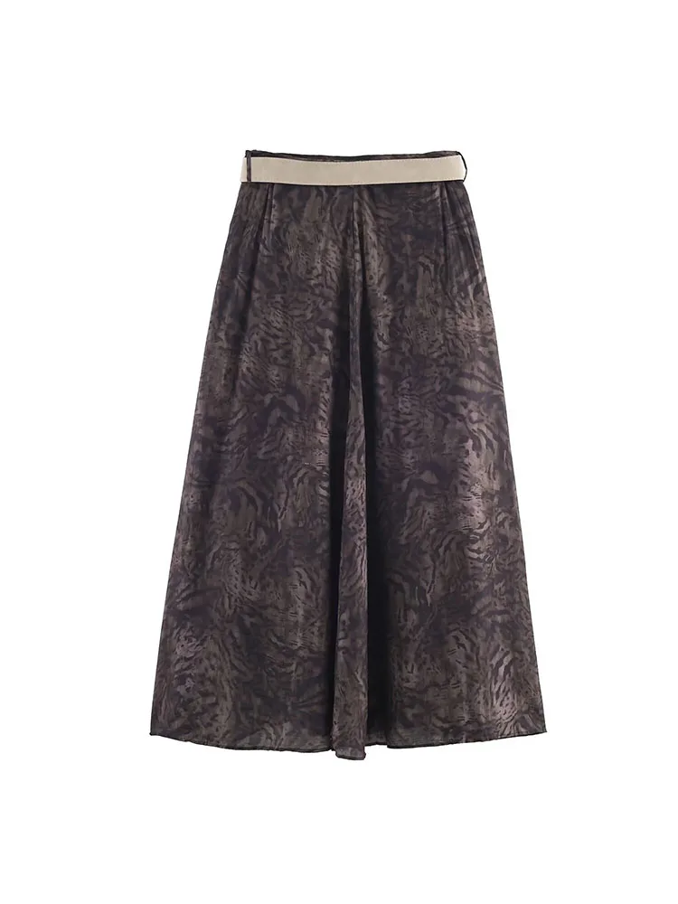 Hh mulher festa de verão magro saia longa nova moda zíper impressão cinto decoração casual saia plissada feminina elegante saia solta