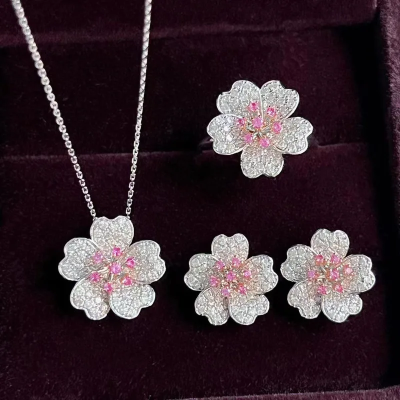 925 sterling silver spring peach blossom pink diamond sparkling flower set ring necklace earrings simple temperament female