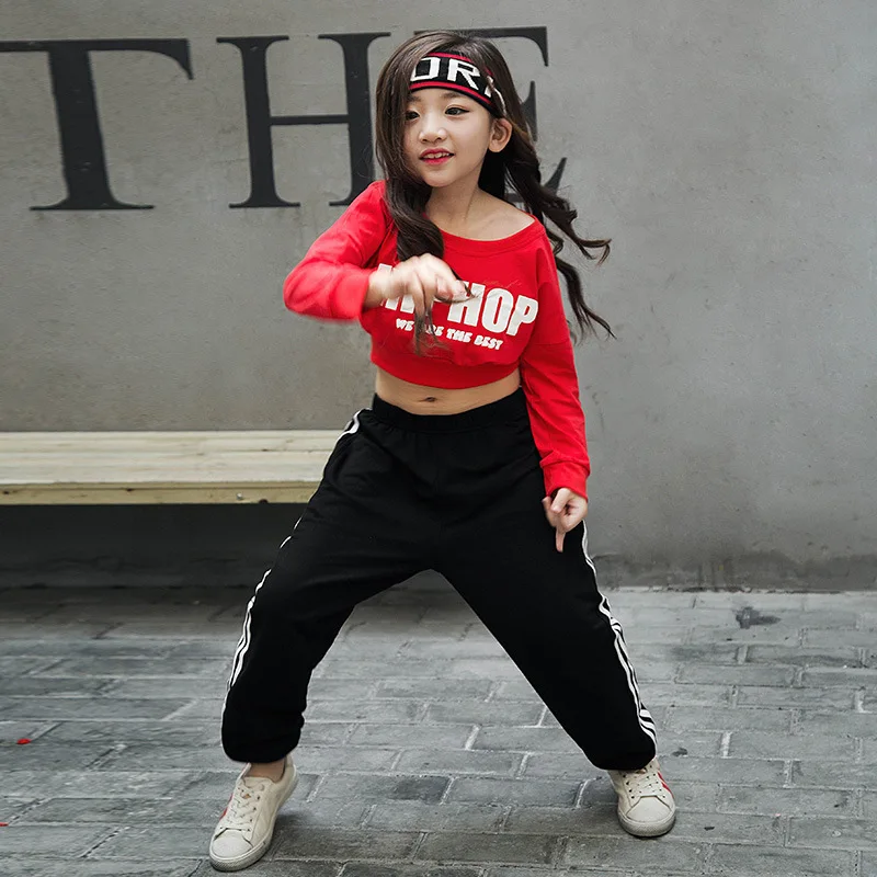 Cropped Tops Shirt For Kid Street Modern Dancing Clothes Wear Girls Red Long Sleeved Jazz Hop Dance Costume Loose Sweater