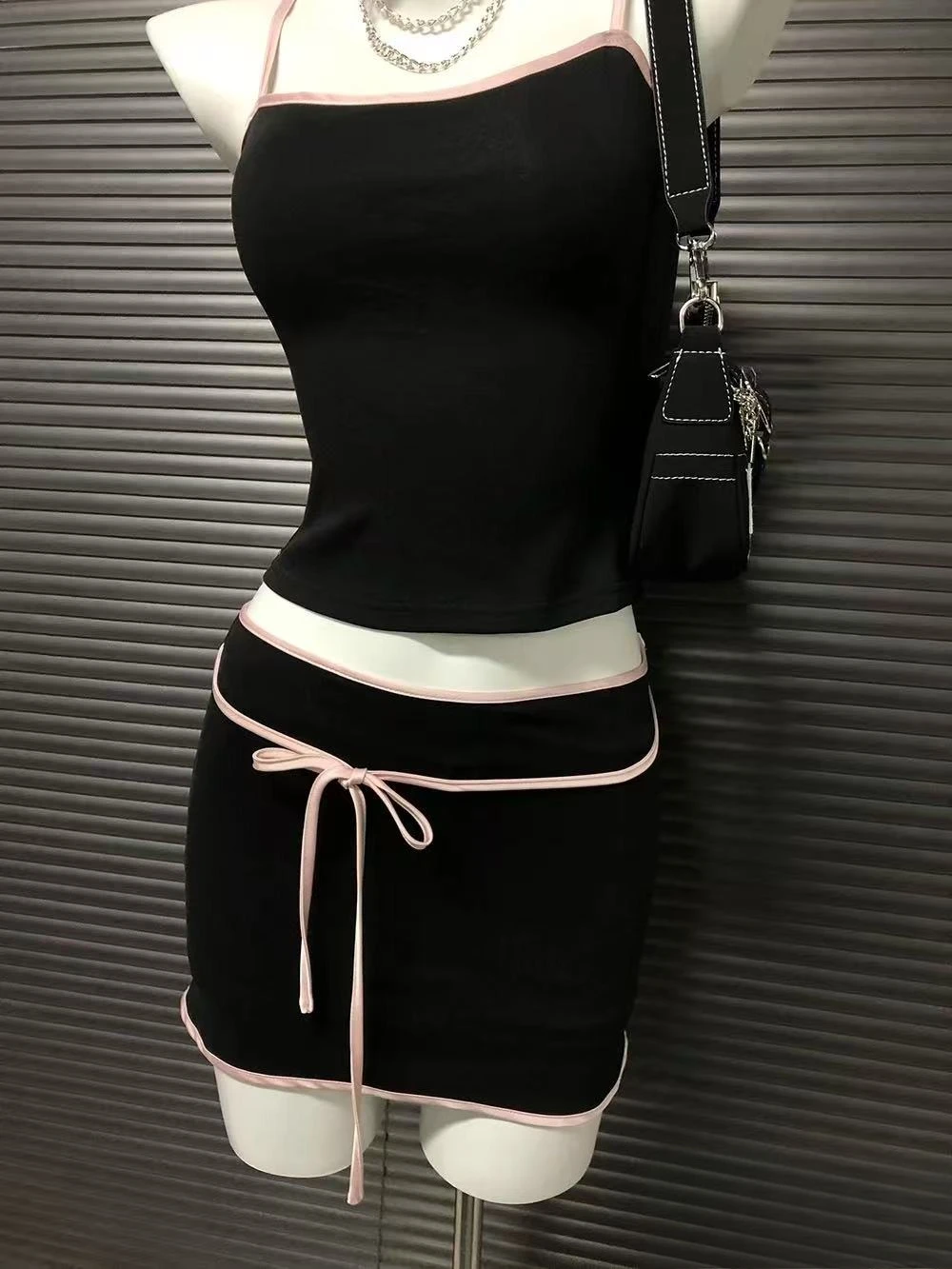 Vintage Elegant Two Piece Set - Black Bow Strap Sleeveless Slim Mini Skirt Christmas Evening Party Formal Outfit for Ladies New
