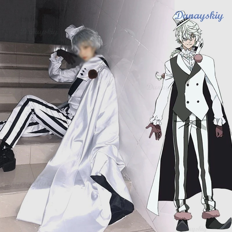 Nikolai Gogol Cosplay Costume Wig BSD Black White Cloak Anime The Overcoat White Black Uniform Gloves Eye Patch