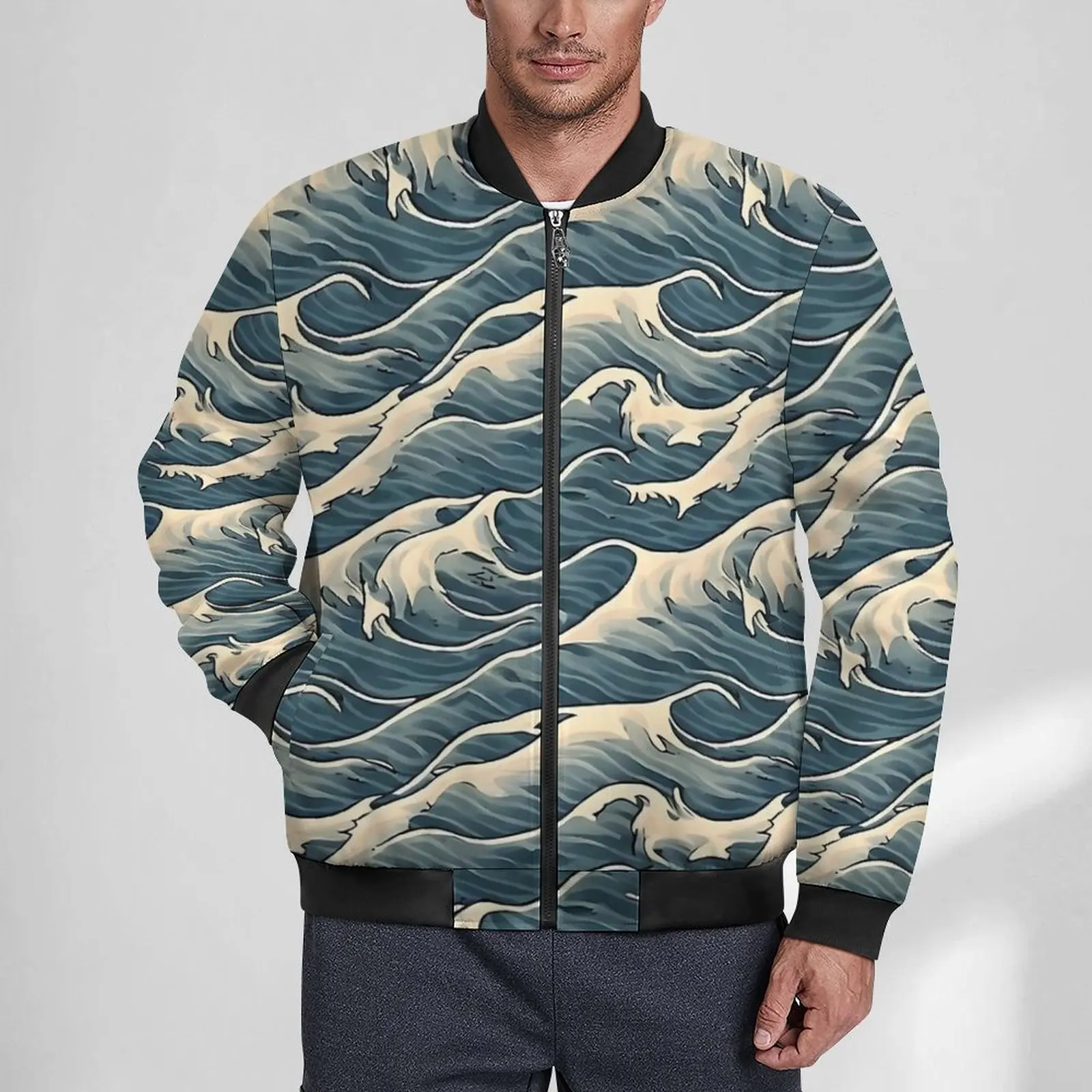 Ocean Blue Wave Print Jackets Autumn  Street Wear Casual Coats Man Zipper Outdoor Windbreakers Graphic Oversized Jacket