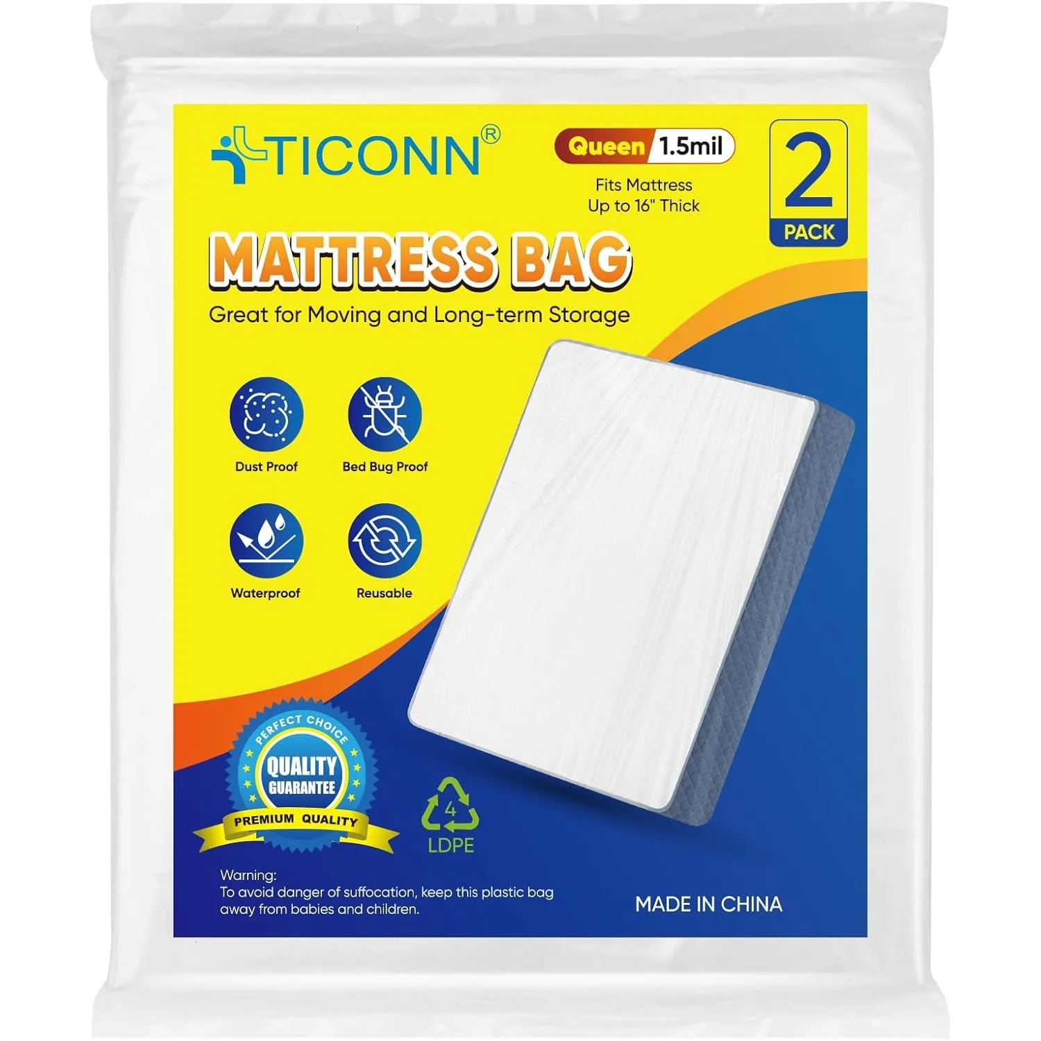 2PK Mattress Bag for Moving Storage, Waterproof Protector Cover, Heavy-Duty Moving Supplies Queen