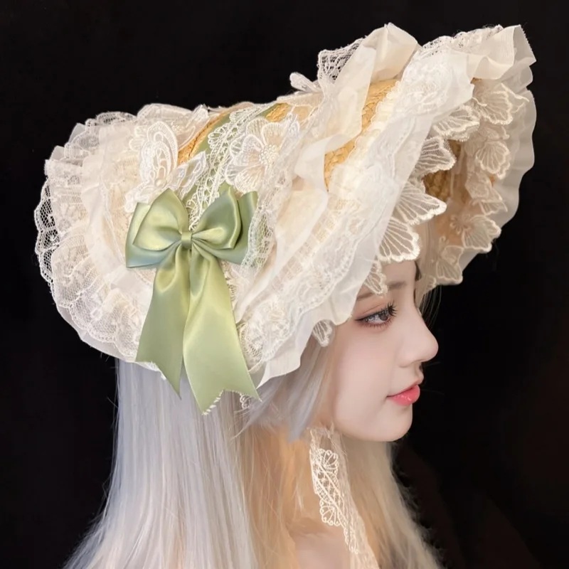 Western Lace Fascinators For Women Teas Party Sunhat Victorian Bonnet Lolit Straw Hat Victorian Headdress Floral Straw Hat