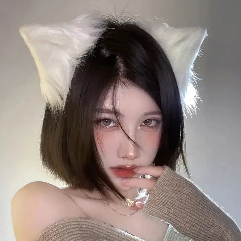 ss13Cute Cat Headdress Japanese Internet Celebrity White Plush Animal Ears Fox Hairpin Halloween Role Playing Pet Game