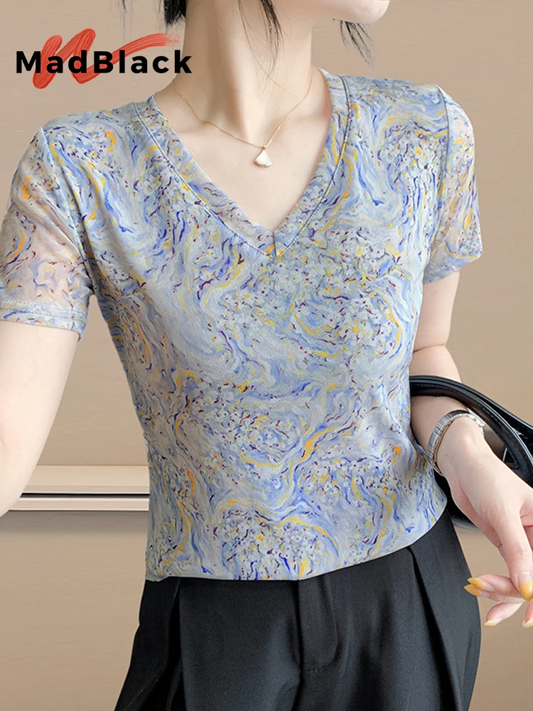 MadBlack-Women's European T-Shirt, Sexy V Neck Geometry Printed, Workwear Short Sleeve Slim Knit S-3XL Tee, 2025 Summer T56806CC