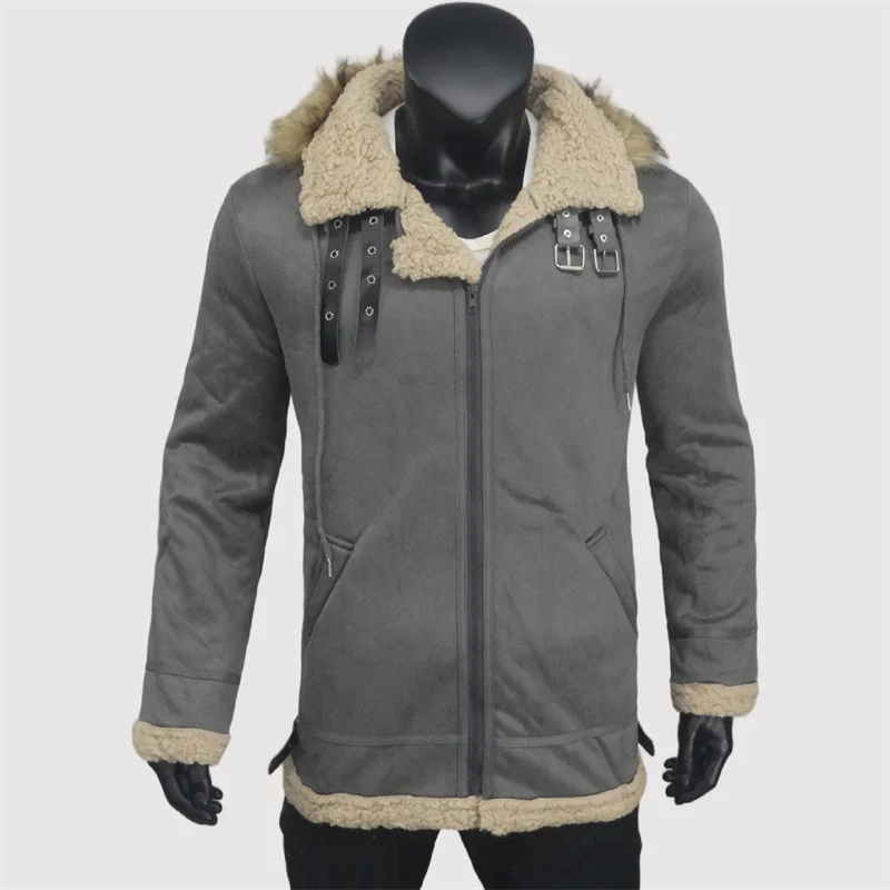 Winter Men's Clothing Fleece Lined Hooded Jackets Man Outerwear Warm Outdoor Motorcycle Style Jacket  Faux Fur Coats