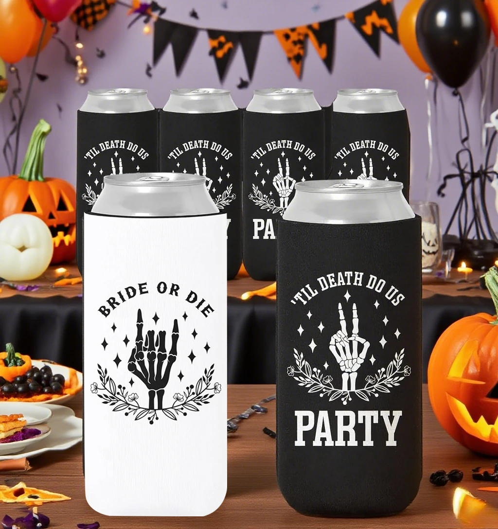 

6pcs Bride or Die Bachelorette Party Slim Can Cooler Till Death Skinny Sleeves for Gothic Halloween Bridal Shower Party Supplies
