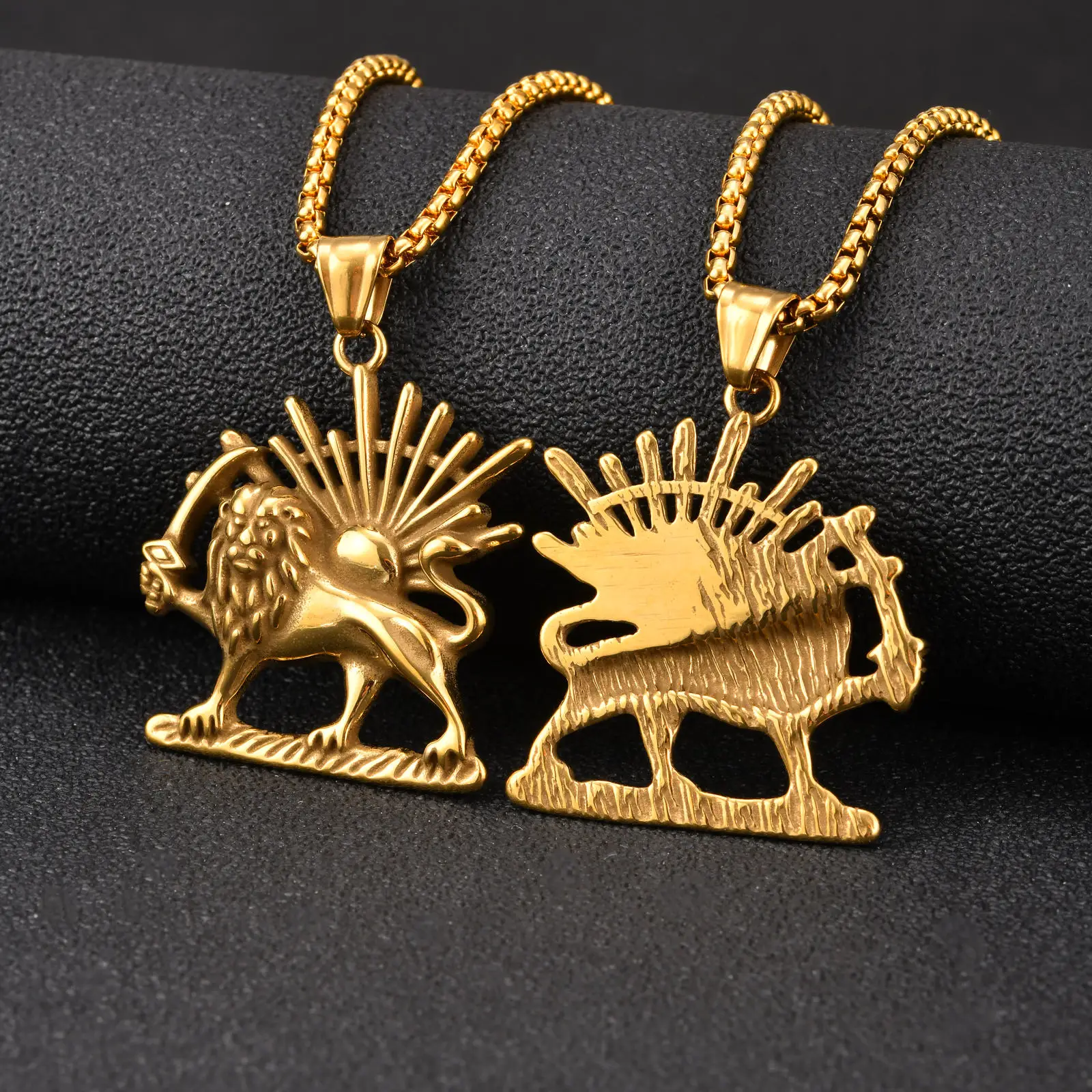 Vnox Lion Sun Pendant Necklace for Men Him, Stainless Steel Gold Silver Color Box Chain, Streetwear Daily Jewelry Gift