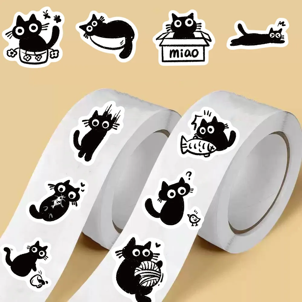 500PCS Little Black Cat Roll Stickers Harajuku Scrapbooking Luggage Cool Phone Coffee Laptop Gift For Waterproof Guitar Sticker image 5