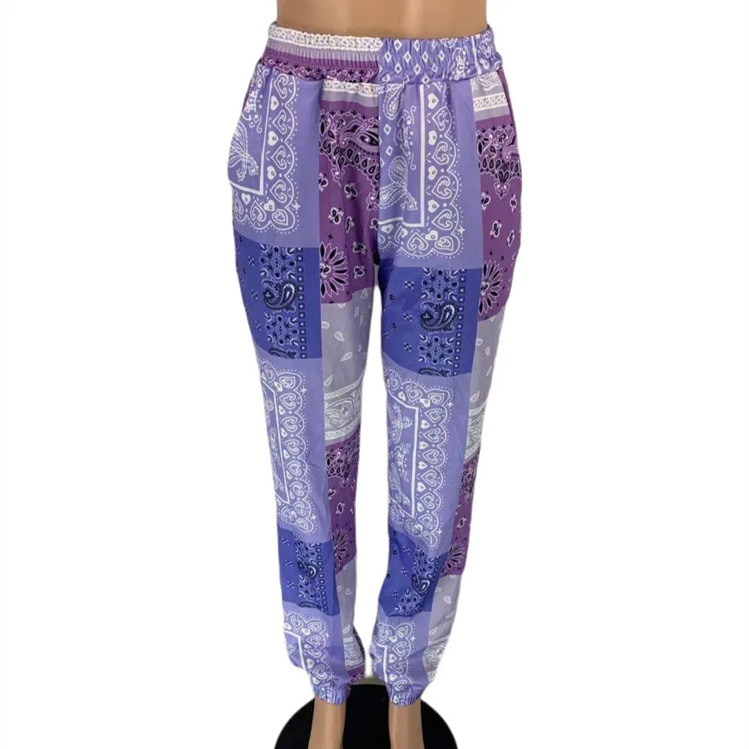 Fashion Hip Hop Pants Purple Blue Retro Graphic Sweatpants Elastic Waisted Joggers Trousers Punk High Sports Women Bottoms Pants