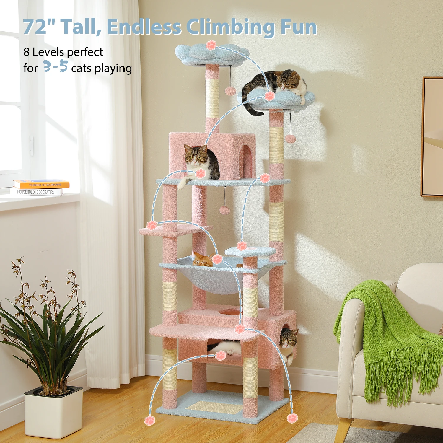 184CM Tall Cat Tree with Scratching Posts Multi-Level Flower Cat Tower with Perches Hammock Large Cat Condo for Indoor Cat Toys