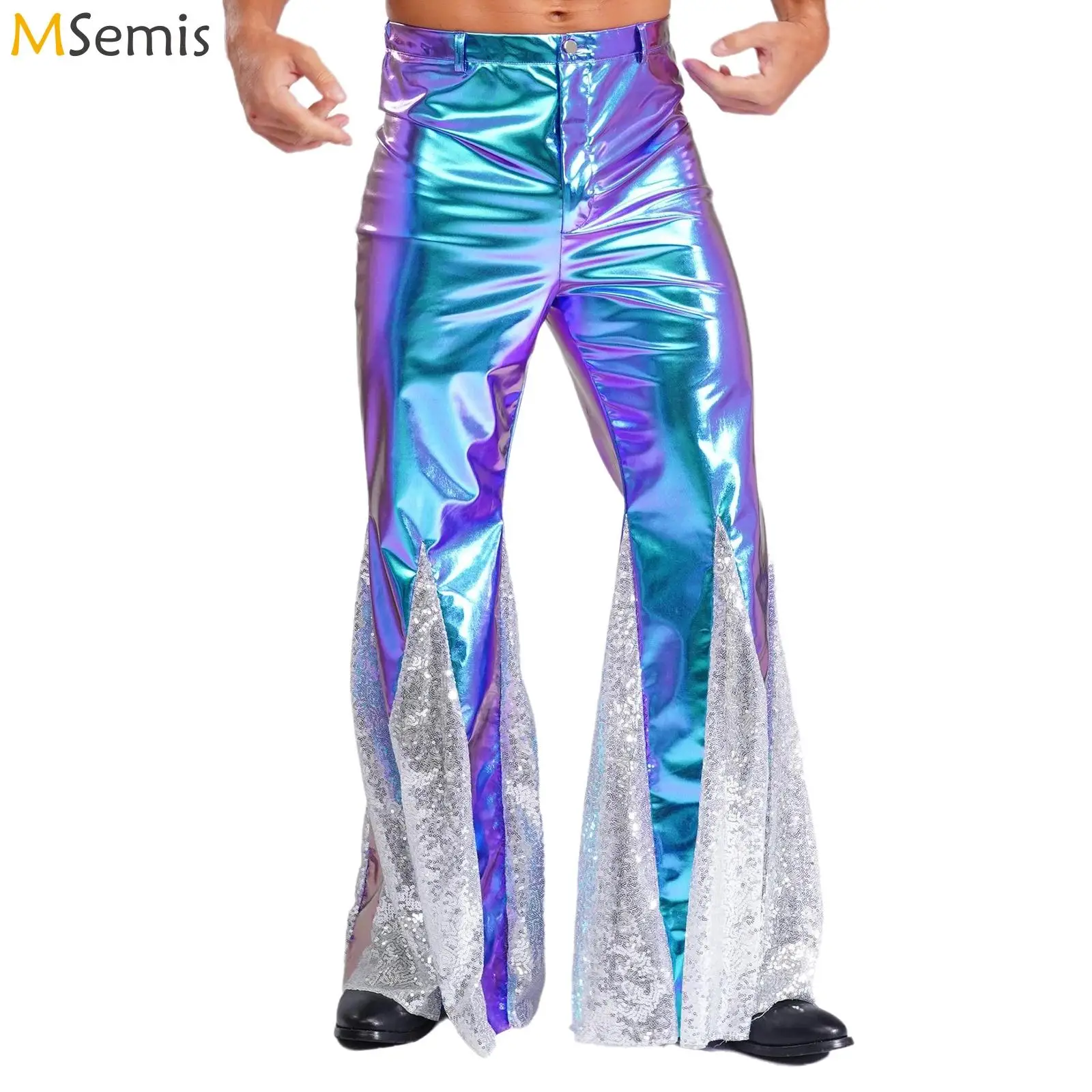 

Mens Shiny Metallic 70s Disco Flared Pants Hippie Vintage Hip Hop Carnival Performance Costume Sequins Bell Bottoms Trousers
