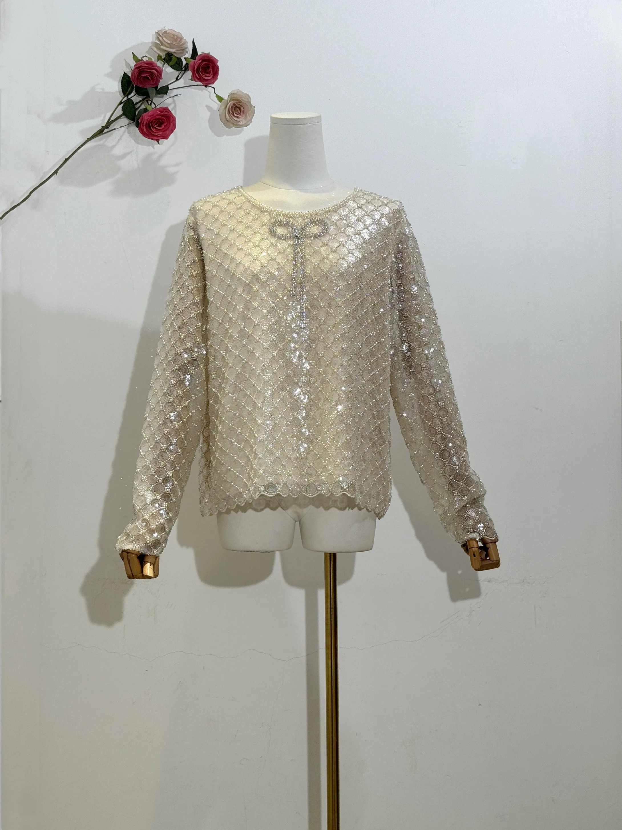 New European Fashion Women Sequin Beaded Embroidery Pearl Diamond Casual O-Neck Holiday Mesh Top Pullover Blouse Skirt Dress Set