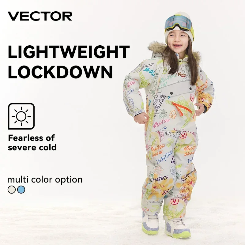 Warm Hooded VECTOR Kids Ski Jumpsuit Waterproof Thick One-Piece Winter Snowboard Overalls