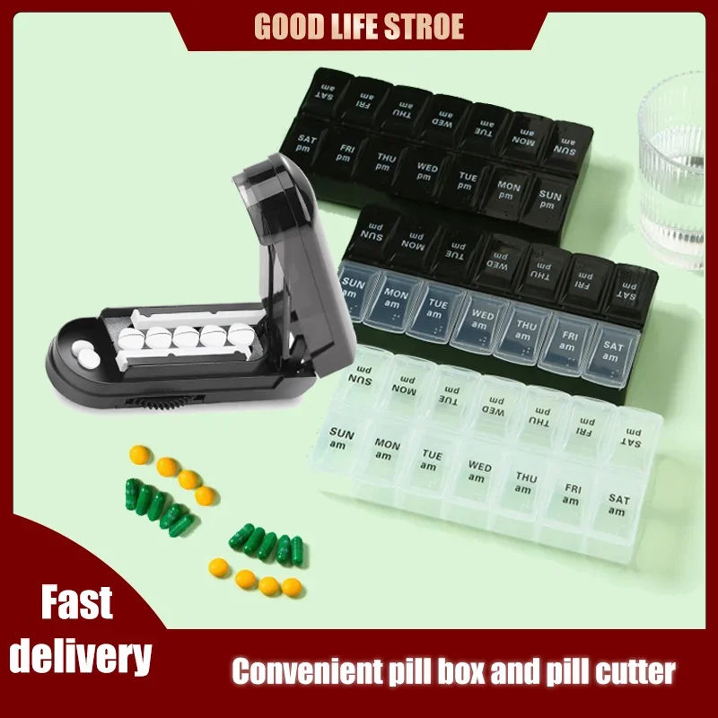 

Portable medicines pills cutter pill for Storage cutter pills box convenient Double-row Weekly pill box Storage vitamin slicer