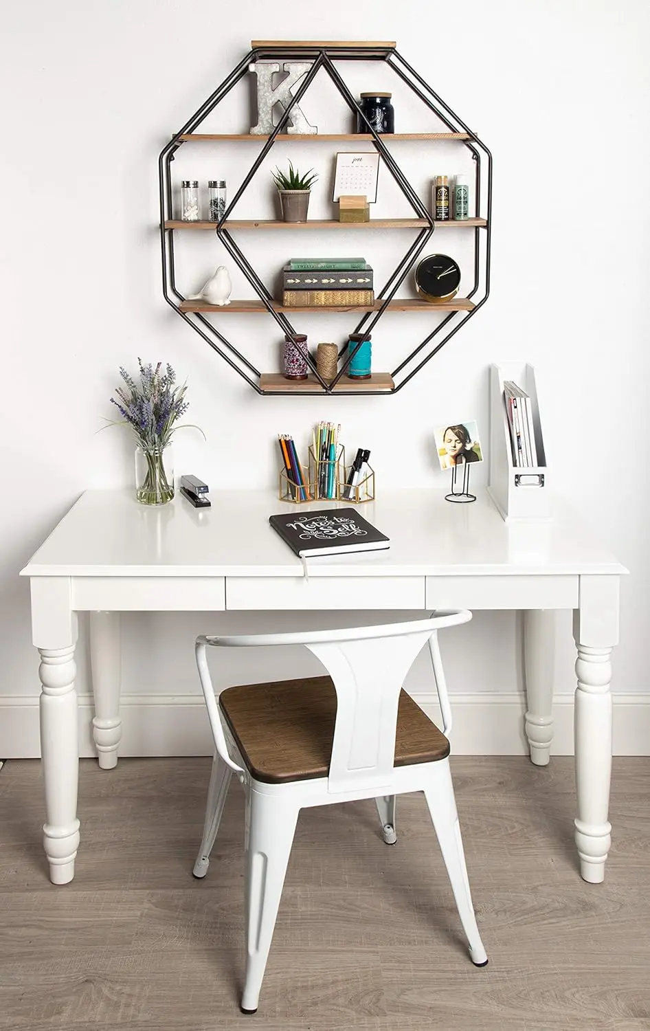 Lintz Large Octagon Shaped Floating Wood Book Shelves for Decorative Wall Display, Black Metal Frame with Rustic Brown Shelves