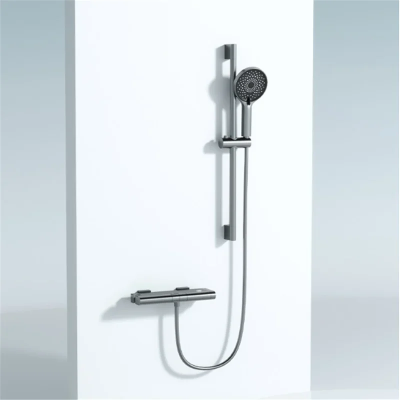 

Grey Bathtub Shower Set Wall Mounted Thermostatic Shower Faucet Brushed goid Bathroom Waterfall Bath & Brass