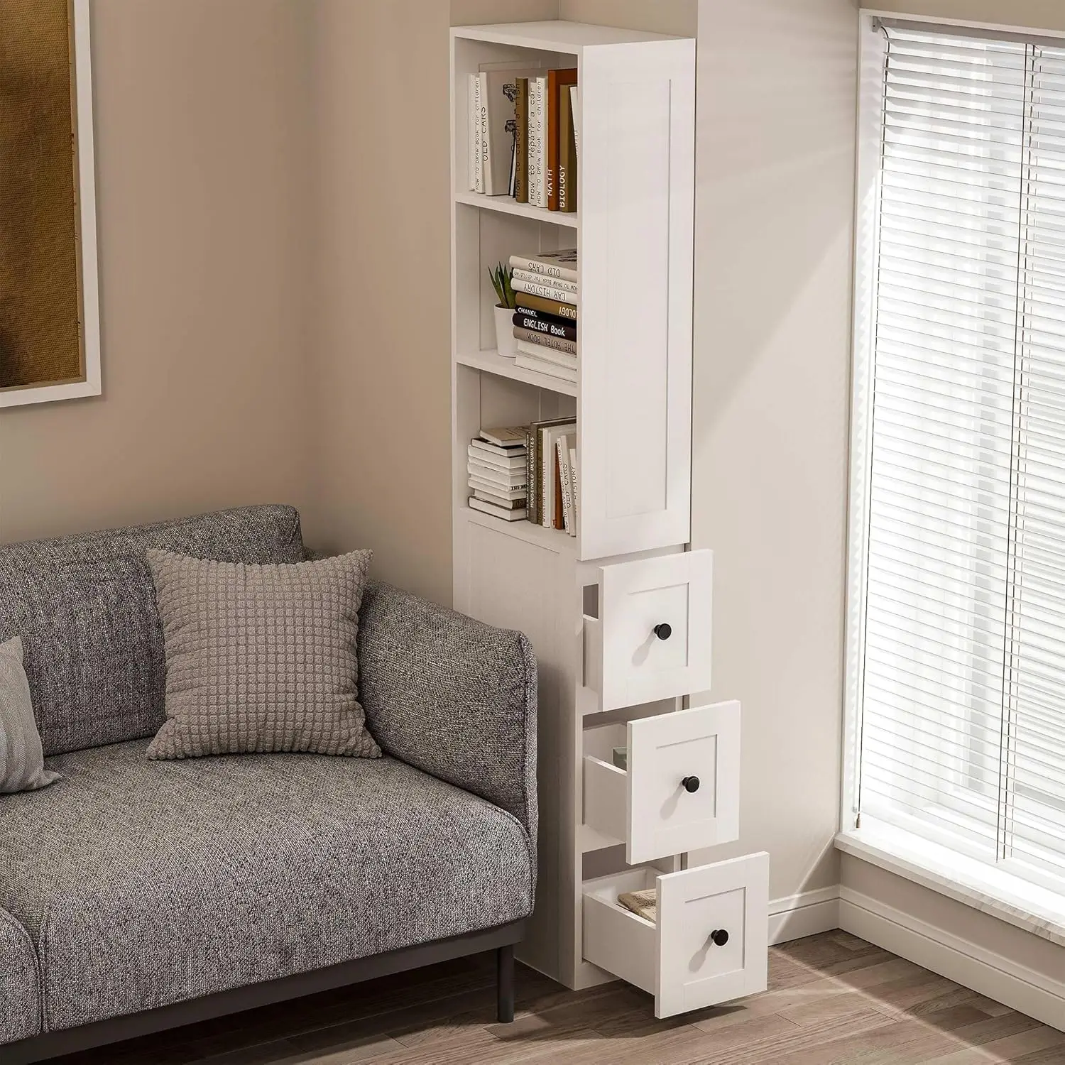 

Tall Narrow Storage Cabinet 2 Adjustable Shelves 3 Drawers Small Space Bathroom Kitchen Laundry Customized
