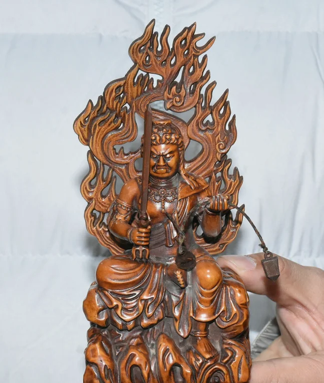 6.7''Old Chinese Boxwood Carving Acalanatha Acala Achala Buddha Statue Sculpture