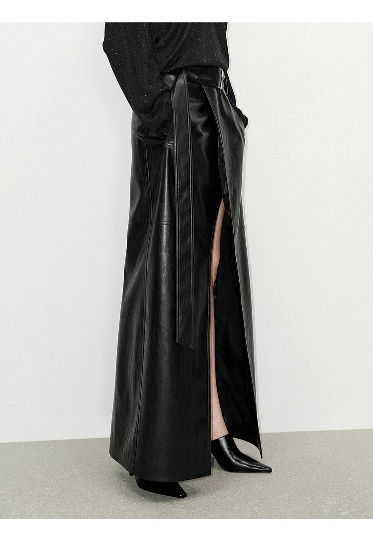 Lautaro Spring Autumn Shiny Black Soft Pu Leather Floor Length Skirt Women with Front Slit High Waist Extra Long Clothes 2025