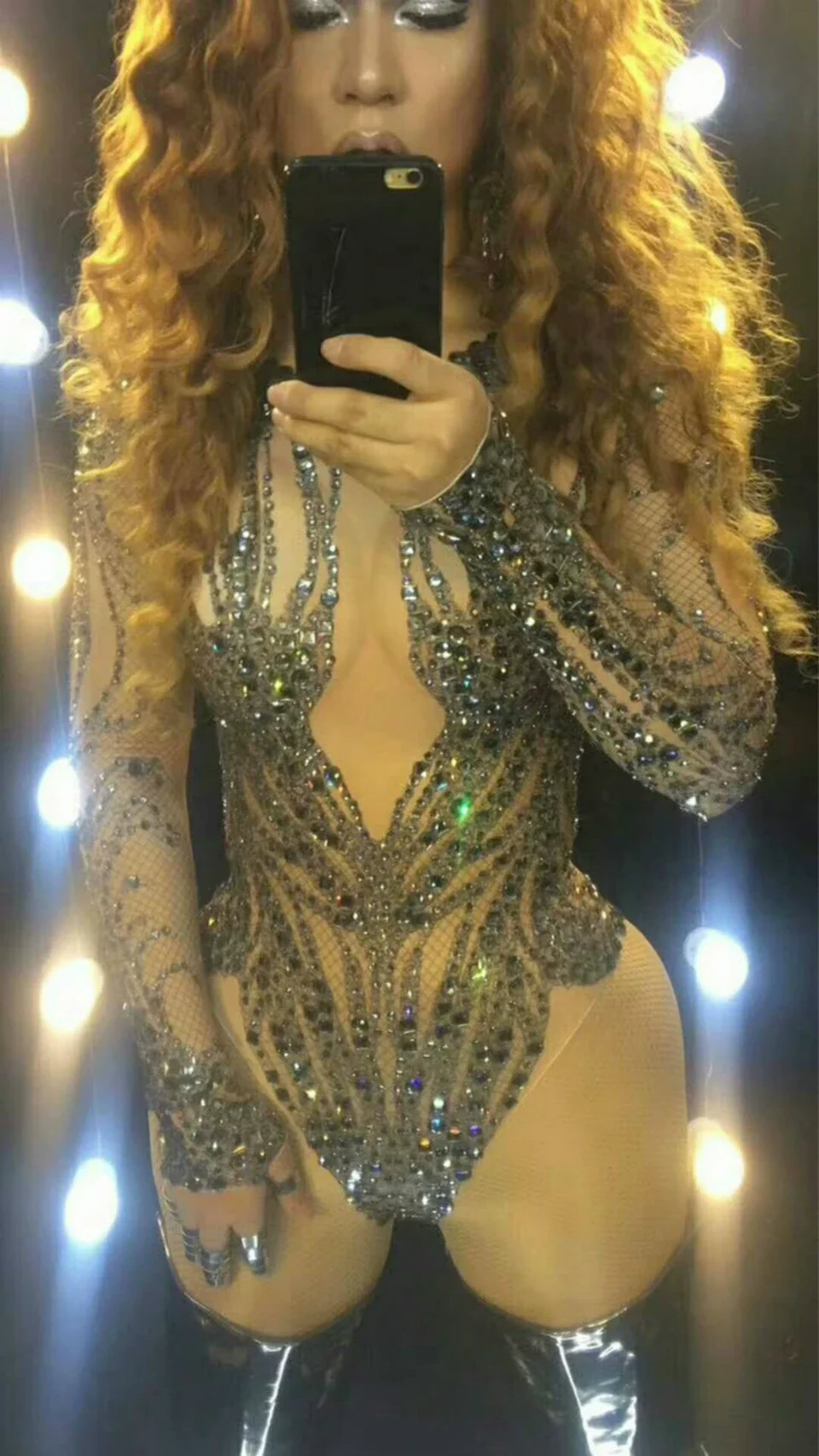 Traje de actuación para mujer, leotardo de fiesta con diamantes de imitación brillantes, ropa de escenario, body desnudo con cristales negros brillantes