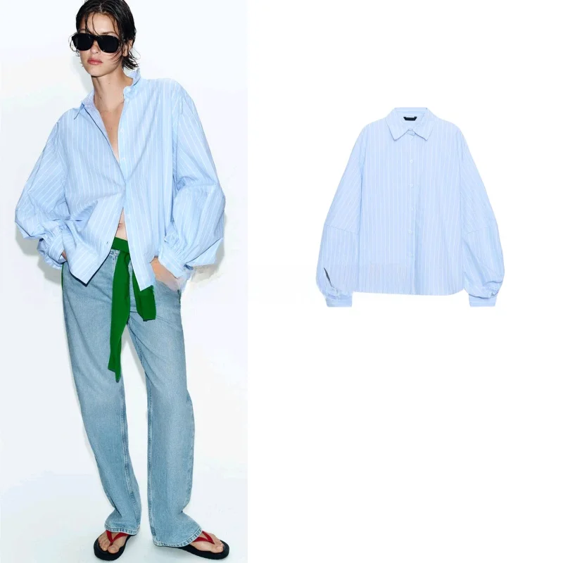 

Spring Summer New Arrival Casual Commute Style Women's Shirt Long Sleeve Button up Neck Striped Loose Fit Polyester