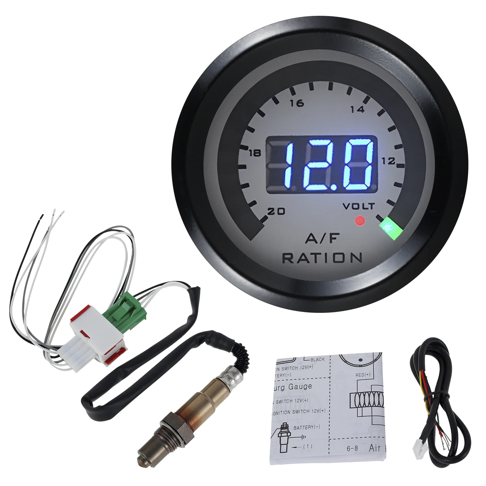 

52 мм датчик соотношения воздуха и топлива 12 В, комплект точного AFR с датчиком кислорода O2, светодиодный цифровой дисплей, автомобильный вольтметр, автомобильные аксессуары