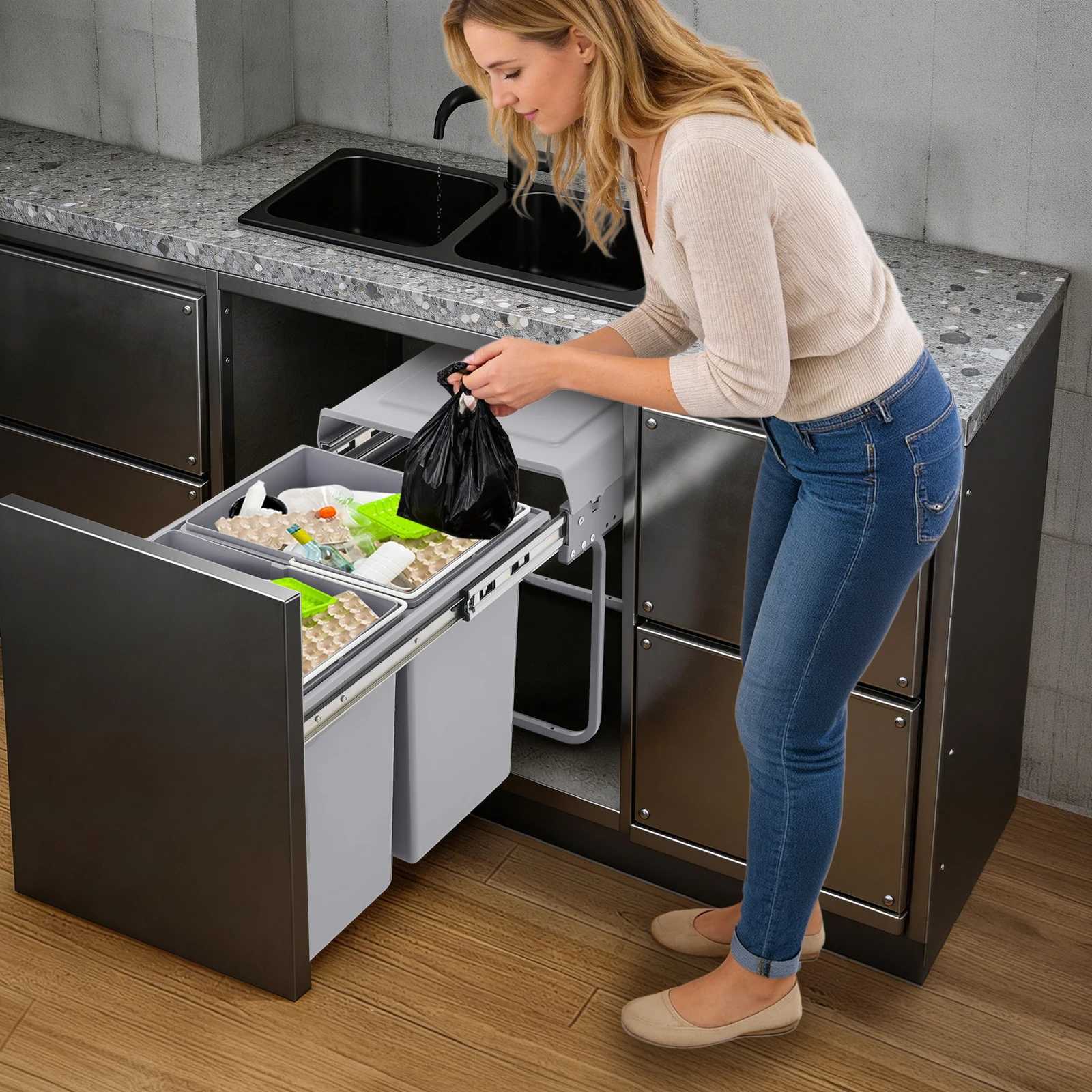Poubelle de cuisine coulissante 40L, poubelle à déchets et recyclage 2*20L, double compartiment rectangulaire, poubelle de recyclage coulissante pour cuisine