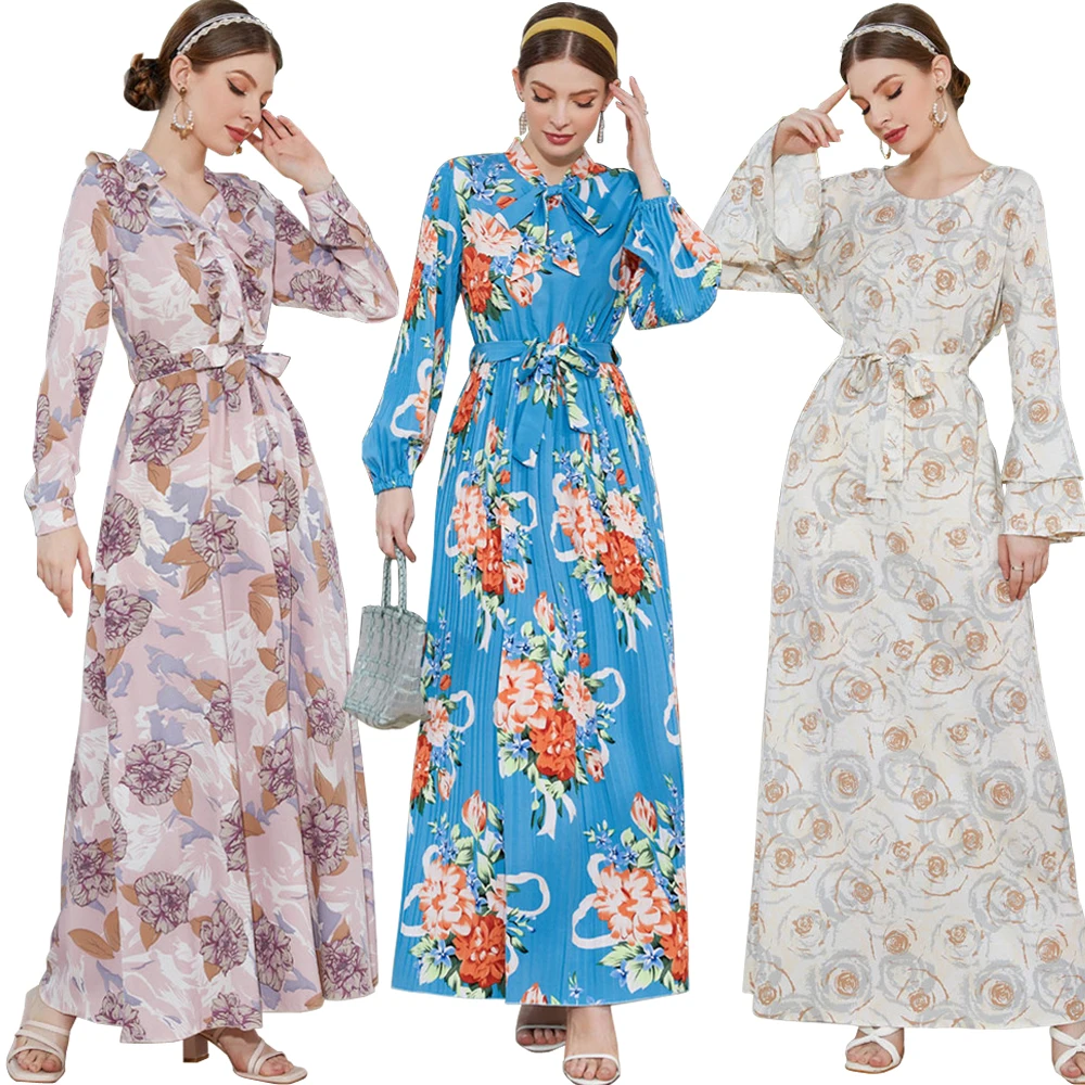 

Boho Floral Print Dress Women Spring Summer Ramadan Eid Jalabiya Fashion Muslim Moroccan Kaftan Plus Size Loose Islamic Clothing