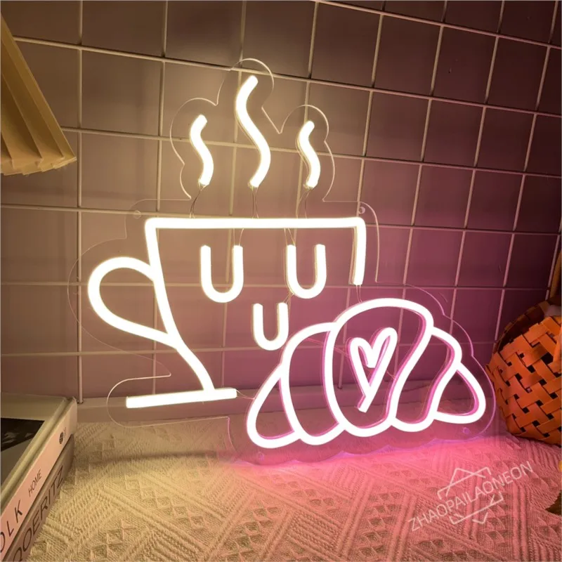 Coffee Bread Neon Sign Croissant Neon Light Restaurant Breakfast Shop Kitchen Home Decoration Gift Party Wall Hanging led Lights - view 3
