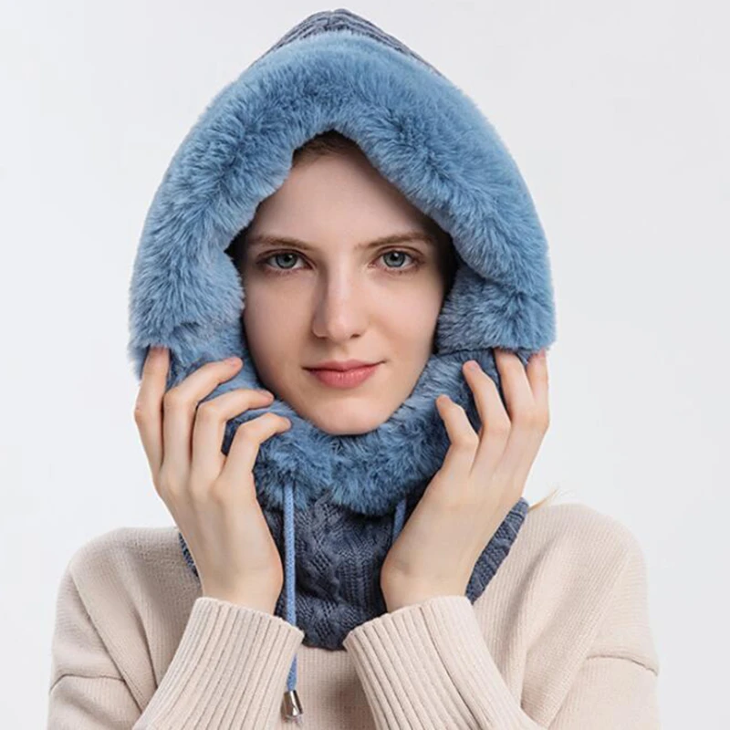 New Winter Fur Cap Mask Set Hooded for Women Knitted Neck Warm Balaclava Ski Windproof Hat Thick Plush Fluffy Beanies hood