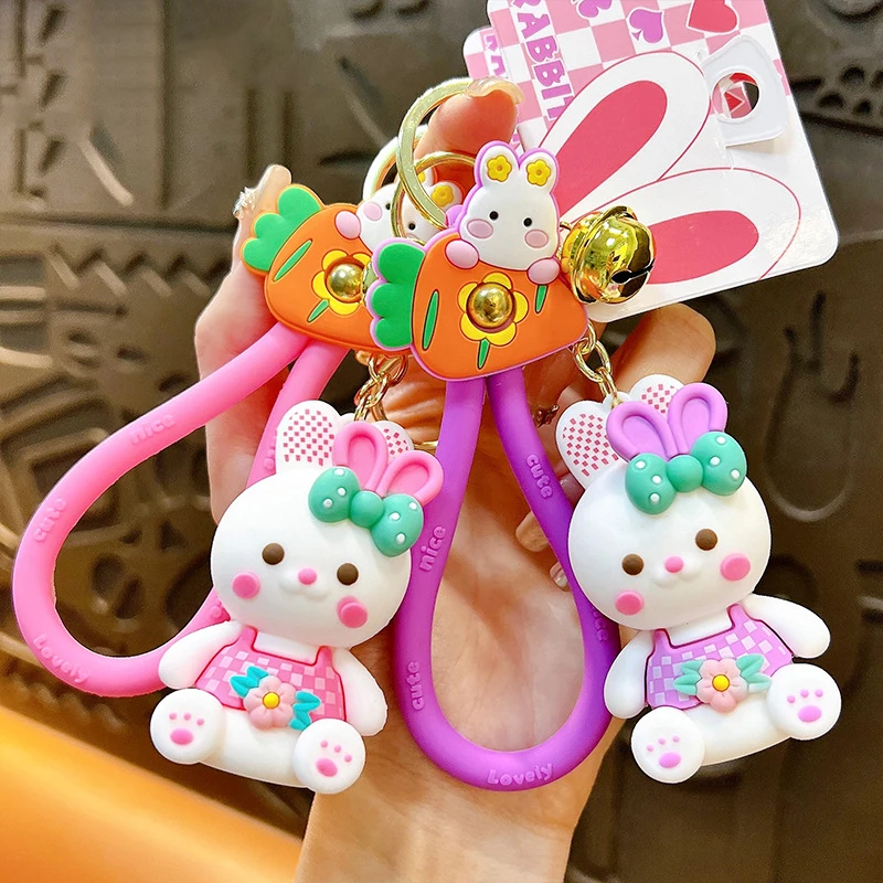Cute Flowers Plaid Clothes Sitting Position Rabbit Doll Key Chain Cartoon Carrot Lanyard Bow Hair Clip Strawberry Bunny Keychain