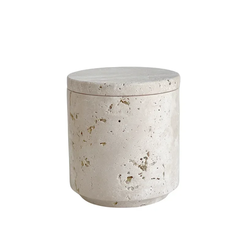 Wabi-sabi Beige Travertine Natural Marble Stone Sundries Storage Tank Candle Jars with lid bathroom accessory Home decoration