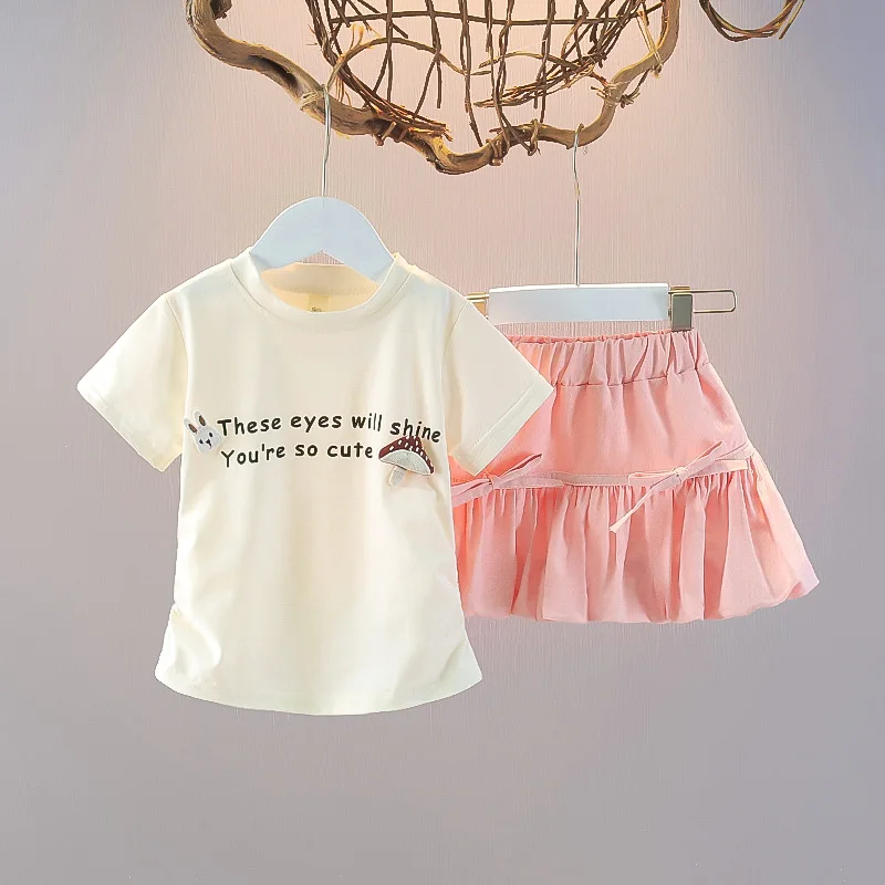 

2-6T summer children kids girls fashion cute cotton short sleeve T shirt skirt sets suits