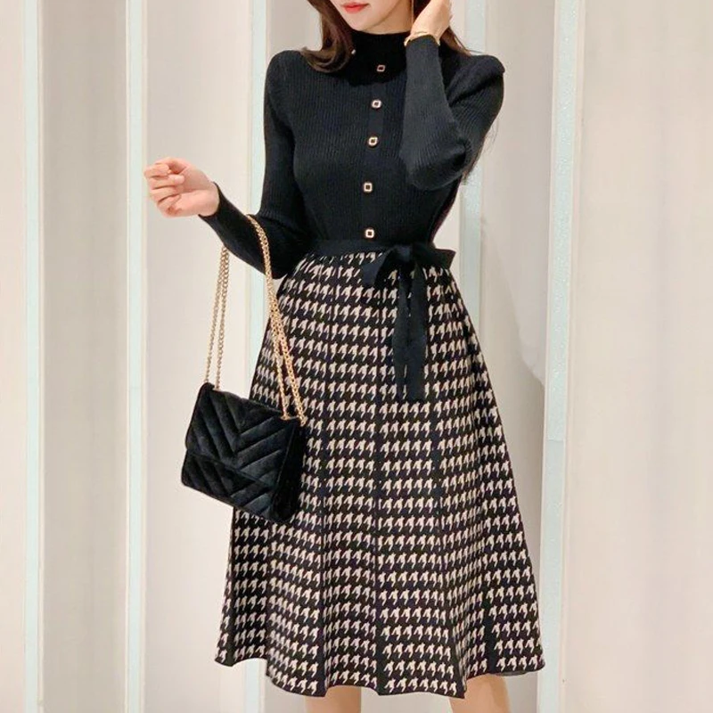 Women Korean Fashion Houndstooth Bow Lace Up Elegant Chic Knitted Dresses Autumn Winter Half High Collar Slim Long Sleeve Dress