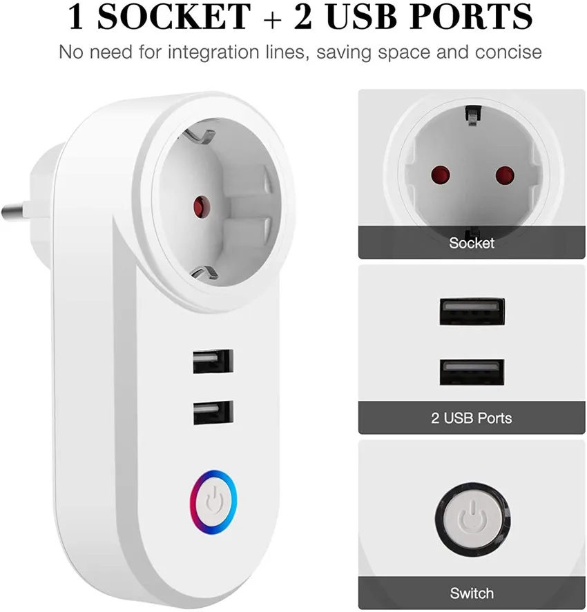 WiFi Smart Plug 16A EU AU UK Brazil Socket + 2.1A Dual USB Charger Tuya Smart Life APP Alexa Google Home Assistant Voice Control