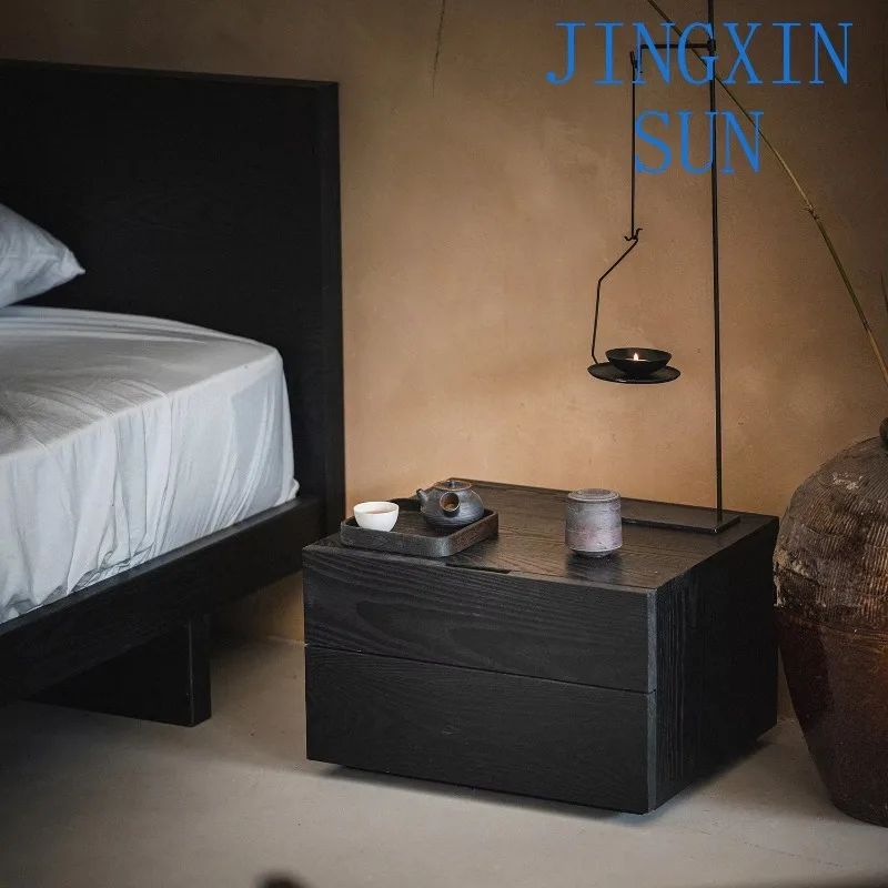 Modern design solid black gray wood bedside table silent wind side table bedside table family sofa black solid wood locker