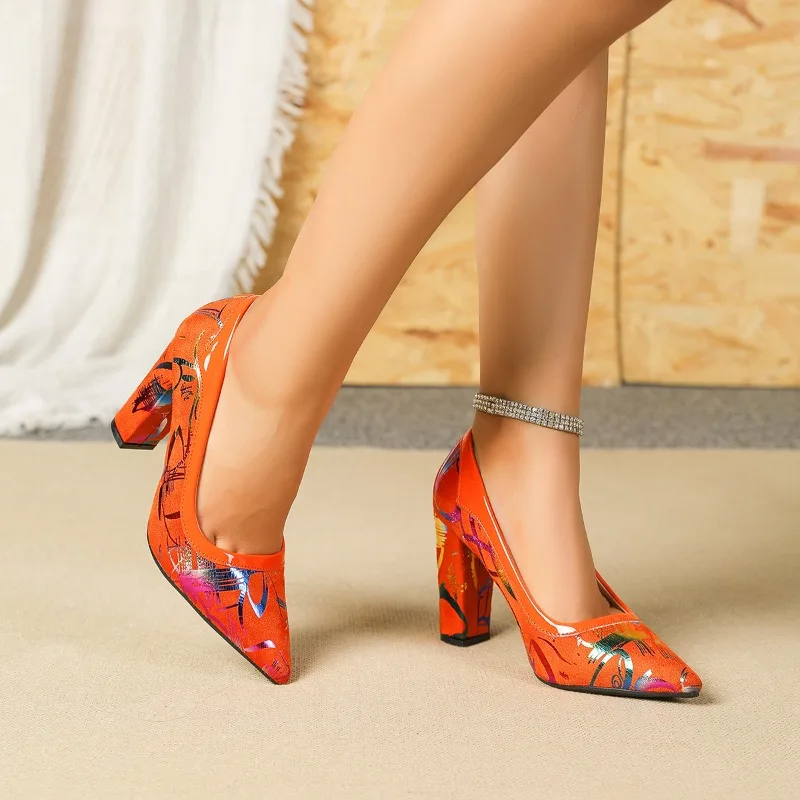 Dress Shoes Designer Novelty Fashion Single Shoes Women Printed Pointed Toe Square Heel 9.5CM Shallow Color Blocking Women Pumps