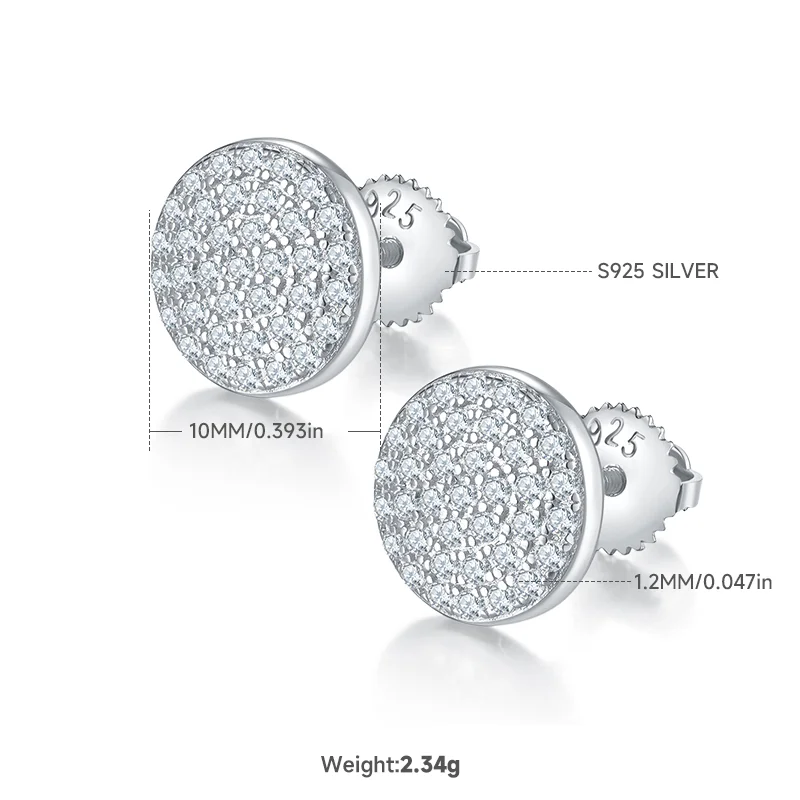 M-JAJA Full Moissanite Round Stud Earrings for Women 100% S925 Sterling Silver Diamond Earrings for Men Hip Hop Luxury Jewelry