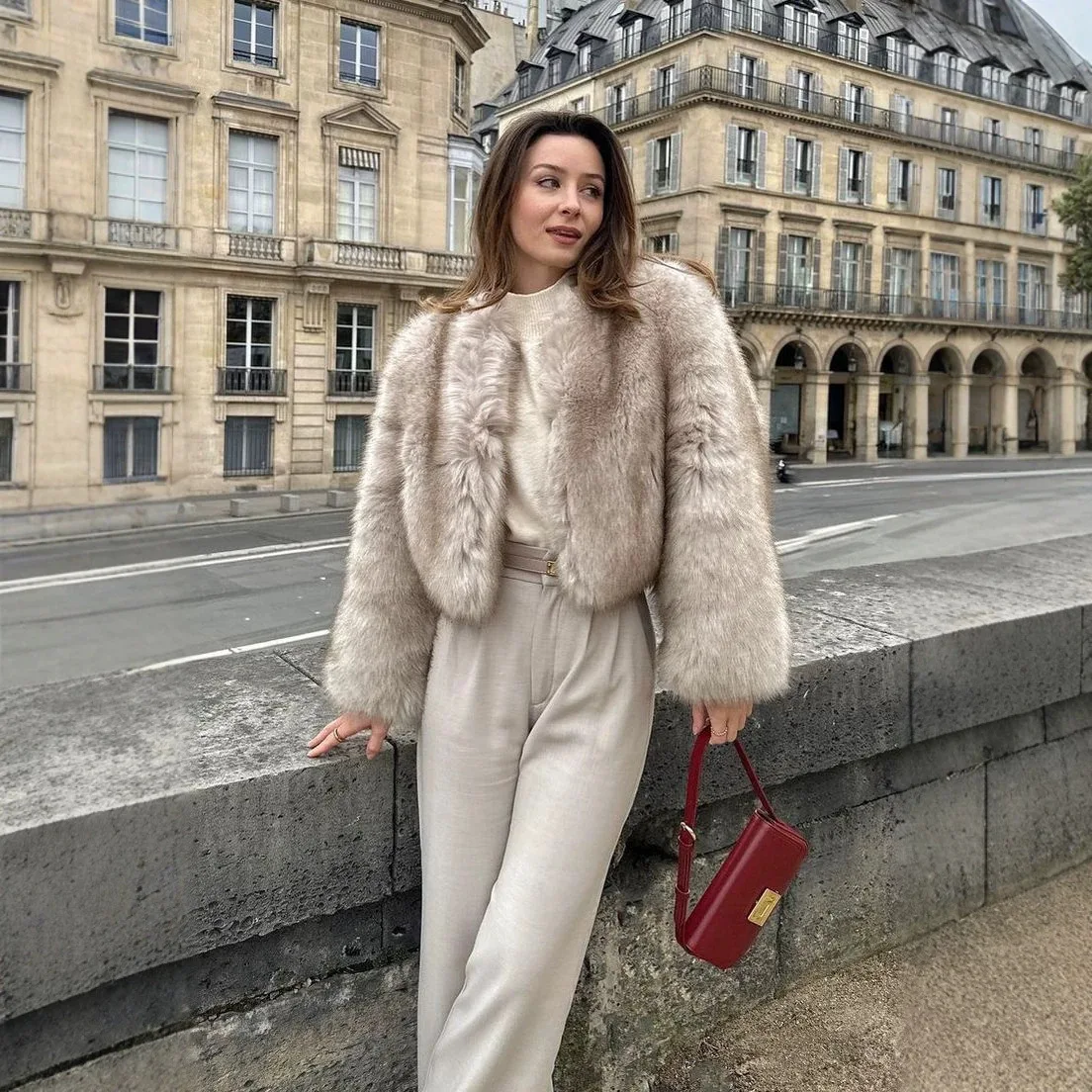 Faux Fox Fur Women Short Coats Jackets Round Neck Coat Thick Warm Y2k Streetwear Long Sleeve Elegant Work Open Stitch Outerwear
