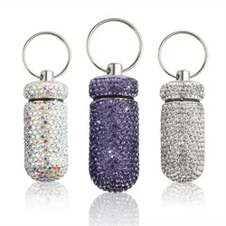 Portable Pill Cases Keychain Mini Medicine Organizer Storage Bottle Full Rhinestone Aluminum Alloy Pill Storage Containers