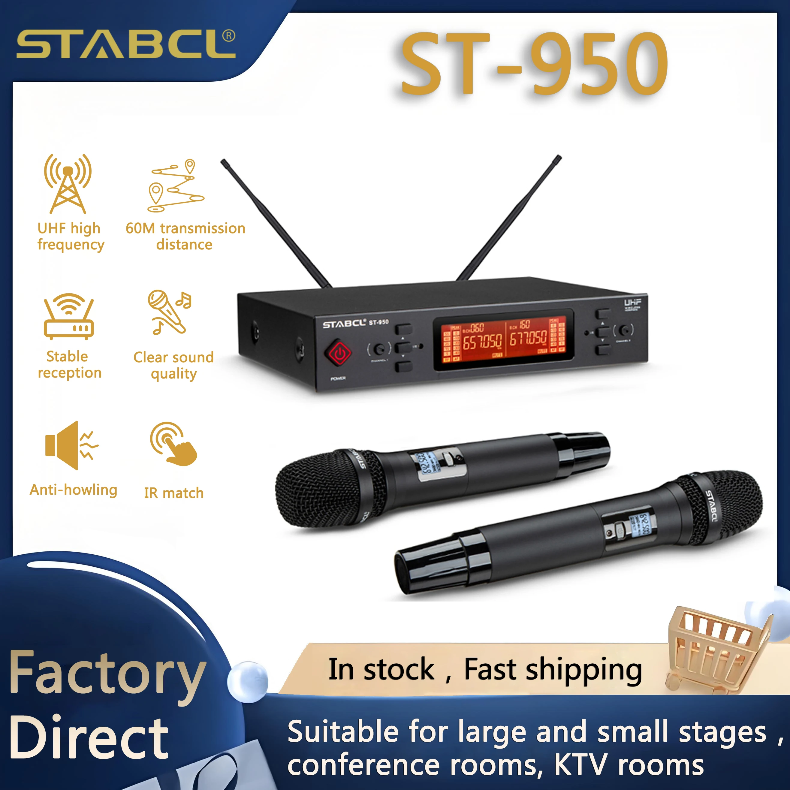 

ST-950 Professional Wireless Microphone System Dual Channel UHF Cordless Handheld Dynamic Mic For Karaoke Party