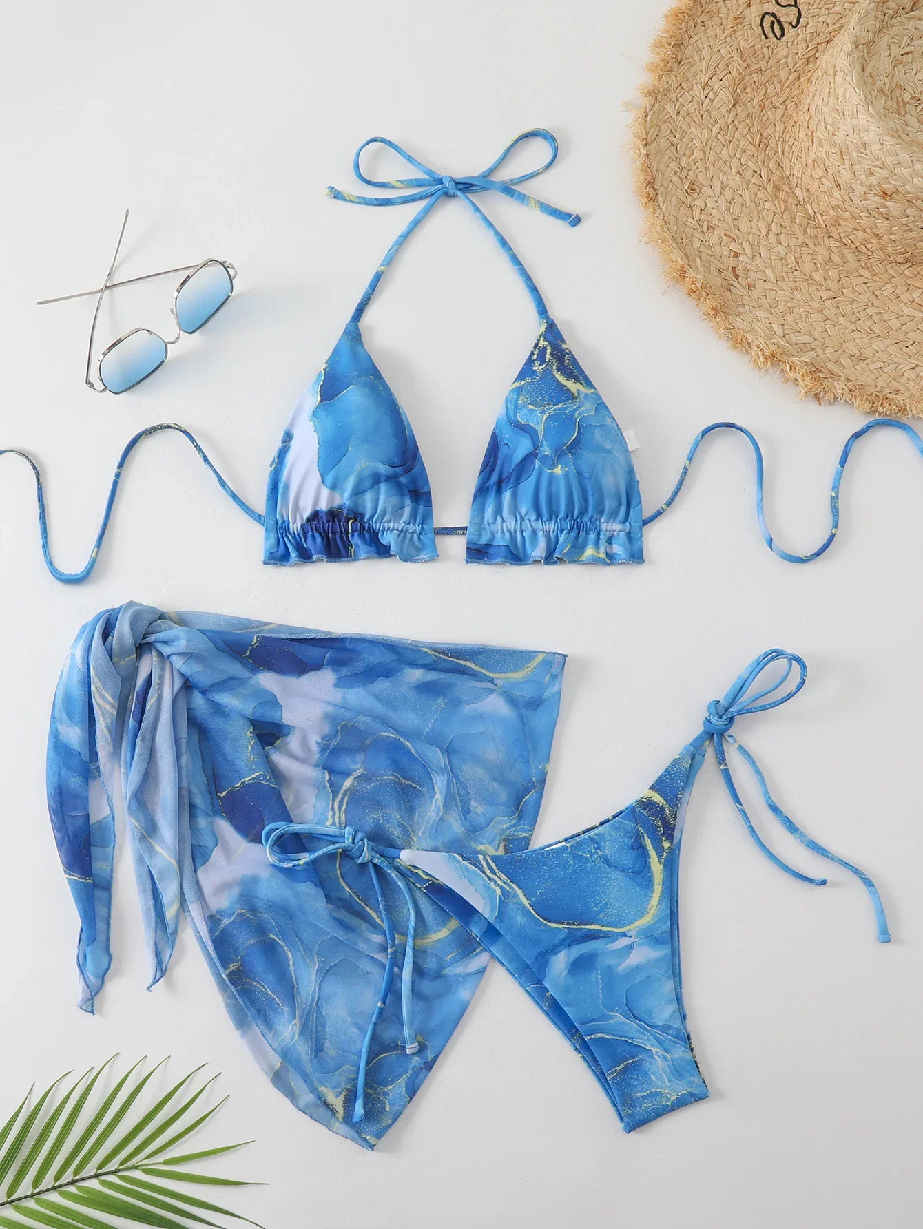 

Sexy Blue Marble Print Bikini Set 2025 Women Mesh Skirt 3 Piece Swimsuit Summer Ruffles Push Up Bra Thong Holiday Swimwear