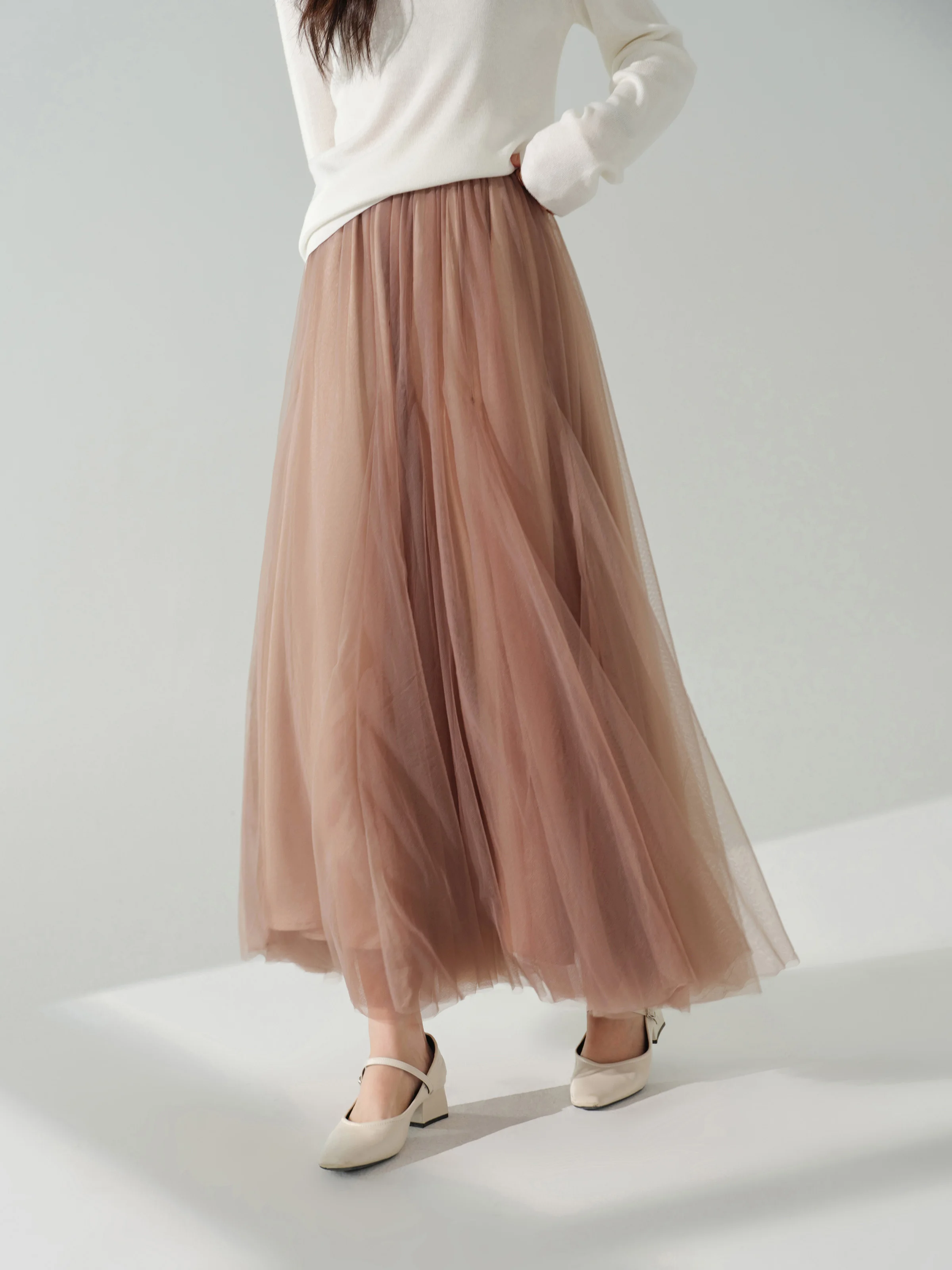 Elegant Mesh Tulle Skirt Women High Waist A-Line Midi Skirt Flowy Pleated Elastic Waist Skirt for Autumn Slimming Casual Outfit