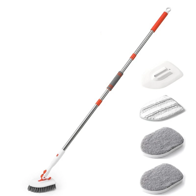 

TKOH-2 In 1 Tub Tile Scrubber Brush Cleaning Brush 180°Adjustable Telescopic Pole Stiff Bristles Scouring Pads Cleaning Tools