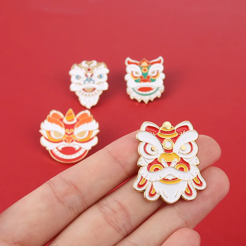 Chinese Style Enamel Pins Custom Traditional Folk Art Lion Dance Animal Brooch Bag Lapel Badge Cute Pin Jewelry Gift for Friends