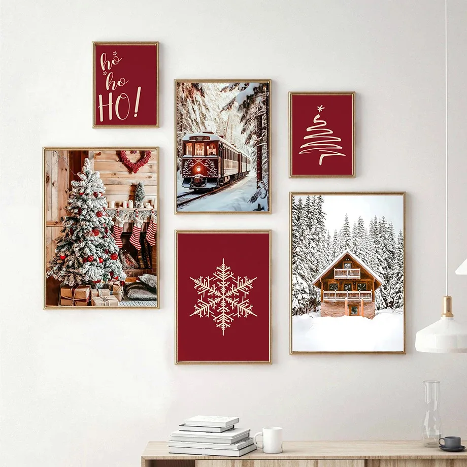 1pc frameless Canvas painting Winter Snow Scenery Train Wall Art ChristmasTree Snowflake Poster Canvas Painting Christmas Gal