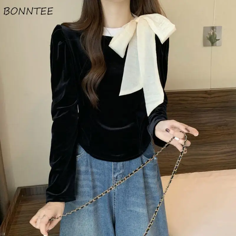 Velvet Shirts Women Contrast Color Bow Lace-up Simple All-match Vintage Autumn Winter Temper Literary Aesthetic Blouse Mujer