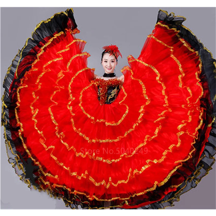 Women Flamenco Dress Gypsy Girls Dancing Costume Spanish Bullfight Lace Big Swing Flower Dress Satin Belly Stage Performance